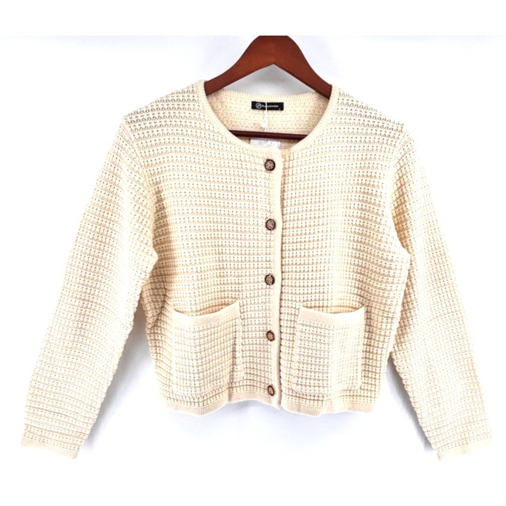 PrettyGarden Cream‎ Waffle Knit Cropped Cardigan Sz L  Sweater Button Front NEW